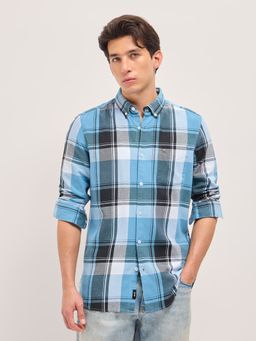 The Bear House - Mens Blue Slim Fit Checked Cotton Woven Casual Shirt