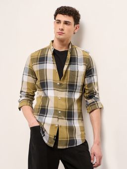 The Bear House - Mens Yellow Slim Fit Checked Cotton Woven Casual Shirt