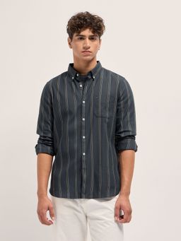 The Bear House - Mens Grey Slim Fit Stripe Woven Casual Shirt