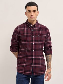 The Bear House - Mens Red Slim Fit Checked Cotton Woven Casual Shirt