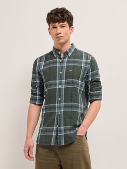 The Bear House - Mens Olive Slim Fit Checked Cotton Woven Casual Shirt