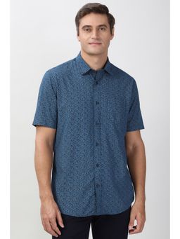 Peter England - Men Blue Slim Fit Print Half Sleeves Casual Shirt