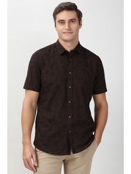 Peter England - Men Brown Slim Fit Print Half Sleeves Casual Shirt