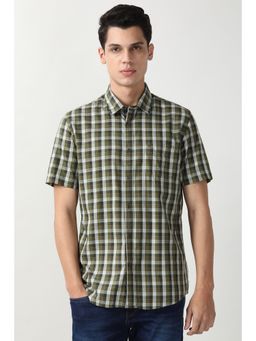 Peter England - Men Olive Slim Fit Check Half Sleeves Casual Shirt