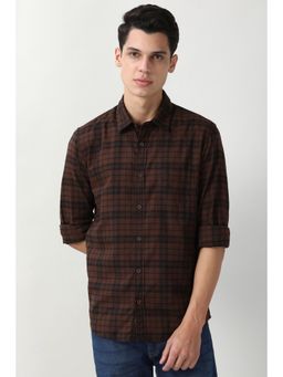 Peter England - Men Brown Slim Fit Check Full Sleeves Casual Shirt