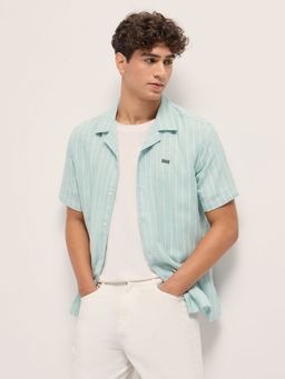 The Bear House - Mens Teal Relaxed Fit Stripe Casual Shirt