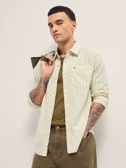 The Bear House - Mens Green Relaxed Fit Stripe Woven Casual Shirt