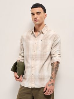 The Bear House - Mens Beige Relaxed Fit Checked Woven Casual Shirt