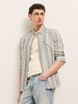 The Bear House - Mens Multi-Color Slim Fit Stripe Cotton Woven Casual Shirt