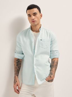 The Bear House - Mens Blue Slim Fit Solid Cotton Woven Casual Shirt