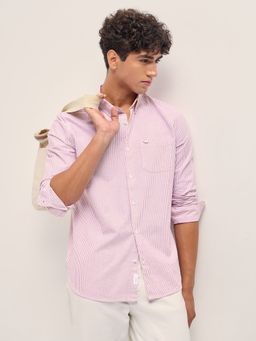 The Bear House - Mens Pink Slim Fit Stripe Cotton Casual Shirt