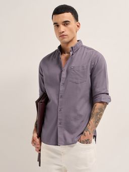 The Bear House - Mens Purple Slim Fit Solid Cotton Woven Casual Shirt