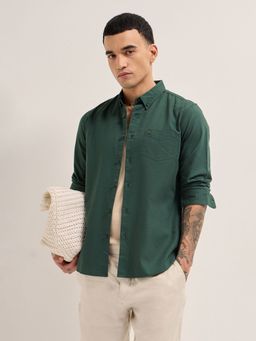 The Bear House - Mens Green Slim Fit Solid Cotton Woven Casual Shirt
