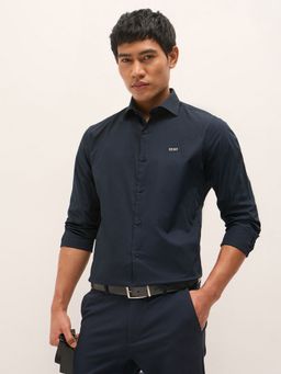 The Bear House - Mens Blue Tailored Fit Solid Cotton Woven Formal Shirt