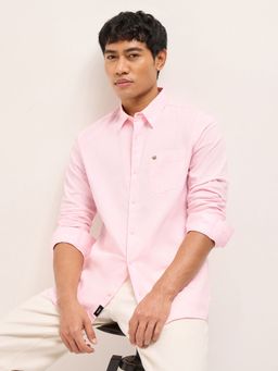 The Bear House - Mens Pink Slim Fit Solid Cotton Woven Casual Shirt