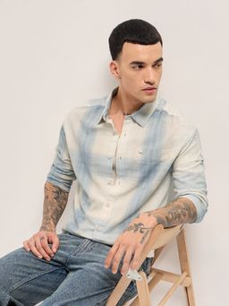 The Bear House - Mens Blue Relaxed Fit Checked Woven Casual Shirt