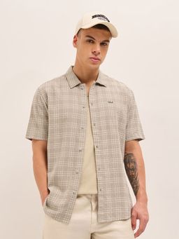 The Bear House - Mens Beige Regular Fit Textured Cotton Woven Casual Shirt