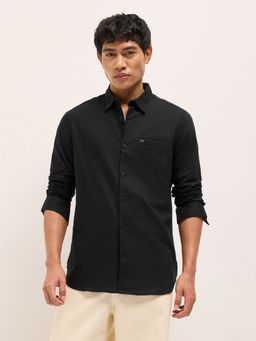The Bear House - Mens Black Slim Fit Solid Cotton Woven Casual Shirt