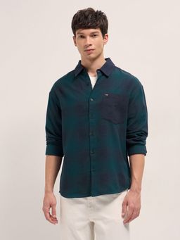 The Bear House - Mens Teal Relaxed Fit Checked Cotton Flannel Overshirt