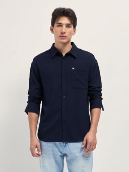 The Bear House - Mens Blue Relaxed Fit Solid Woven Casual Shirt