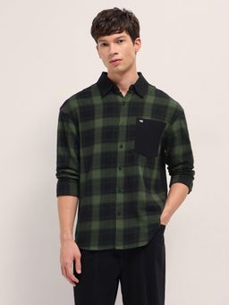The Bear House - Mens Green Relaxed Fit Checked Cotton Flannel Overshirt