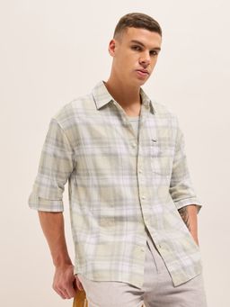 The Bear House - Mens Green Relaxed Fit Checked Woven Casual Shirt