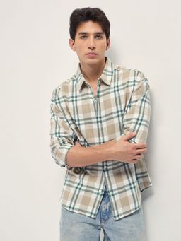 The Bear House - Mens Beige Relaxed Fit Checked Cotton Flannel Overshirt