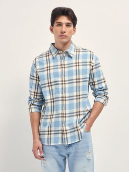 The Bear House - Mens Blue Relaxed Fit Checked Cotton Flannel Overshirt
