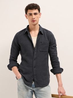 The Bear House - Mens Grey Slim Fit Textured Cotton Woven Casual Shirt