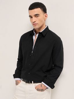 The Bear House - Mens Black Regular Fit Solid Cotton Woven Casual Shirt