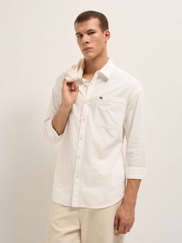 The Bear House - Mens Cream Relaxed Fit Solid Cotton Woven Overshirt