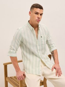 The Bear House - Mens Green Slim Fit Stripe Woven Casual Shirt