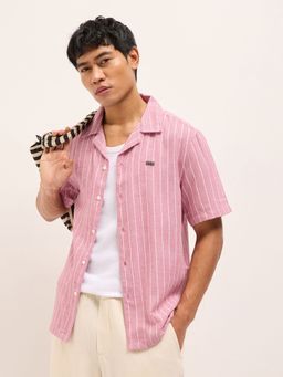 The Bear House - Mens Pink Relaxed Fit Stripe Woven Casual Shirt