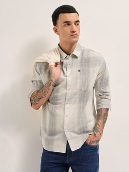 The Bear House - Mens Grey Relaxed Fit Checked Woven Casual Shirt