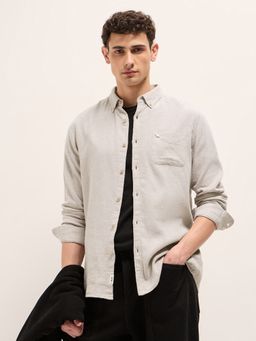 The Bear House - Mens Beige Slim Fit Solid Cotton Woven Casual Shirt