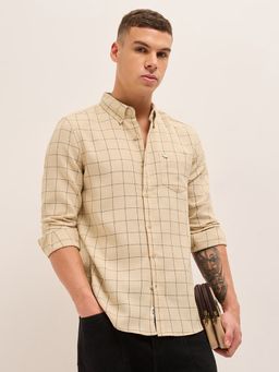 The Bear House - Mens Cream Slim Fit Checked Woven Casual Shirt