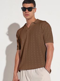 SHOWOFFFF - Men Brown Collar Regular Fit Semi Sheer Polo T-Shirt