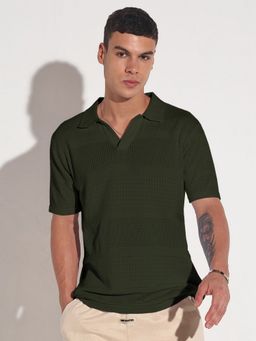 SHOWOFFFF - Men Green Collar Regular Fit Semi Sheer Polo T-Shirt