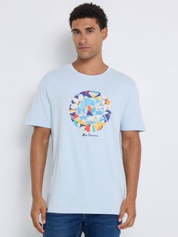 Ben Sherman - Men Blue Crew Neck Pima Cotton Chest Print T-Shirt