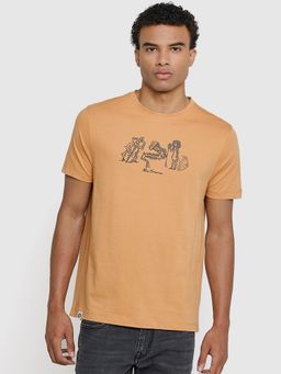 Ben Sherman - Men Orange Crew Neck Pima Cotton Chest Print T-Shirt