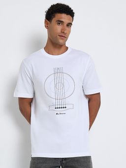 Ben Sherman - Men White Crew Neck Pima Cotton Chest Print T-Shirt