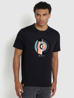 Ben Sherman - Men Black Crew Neck Mercerised Cotton Chest Print T-Shirt