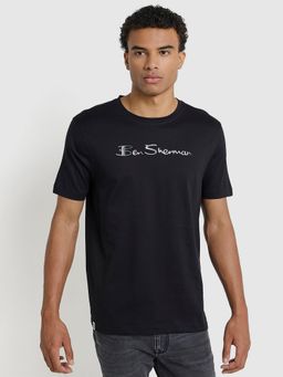 Ben Sherman - Men Black Crew Neck Mercerised Cotton Chest Print T-Shirt