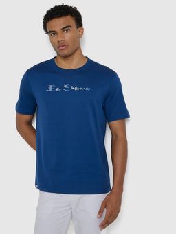 Ben Sherman - Men Navy Blue Crew Neck Mercerised Cotton Chest Print T-Shirt