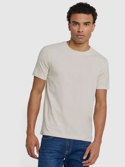 Ben Sherman - Men Ivory Crew Neck Cotton Spandex Logo Embroidered T-Shirt