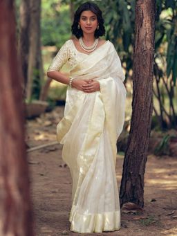 Stylee LIFESTYLE - Cream Organza Woven Saree with Unstitched Blouse
