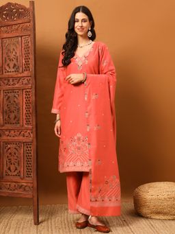 Safaa - Coral Women Woolen Woven Design Unstitched Kurta with Unstitched Bottom and Dupatta