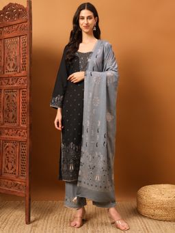 Safaa - Black Women Floral Unstitched Kurta with Unstitched Bottom and Dupatta