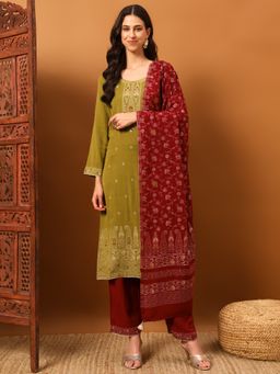 Safaa - Green Women Floral Unstitched Kurta with Unstitched Bottom and Dupatta