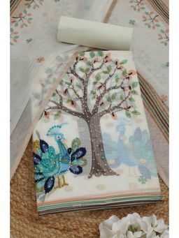 Soch - Womens Cream Kota Botanical Print Unstitched Kurta with Unstitched Bottom and Dupatta